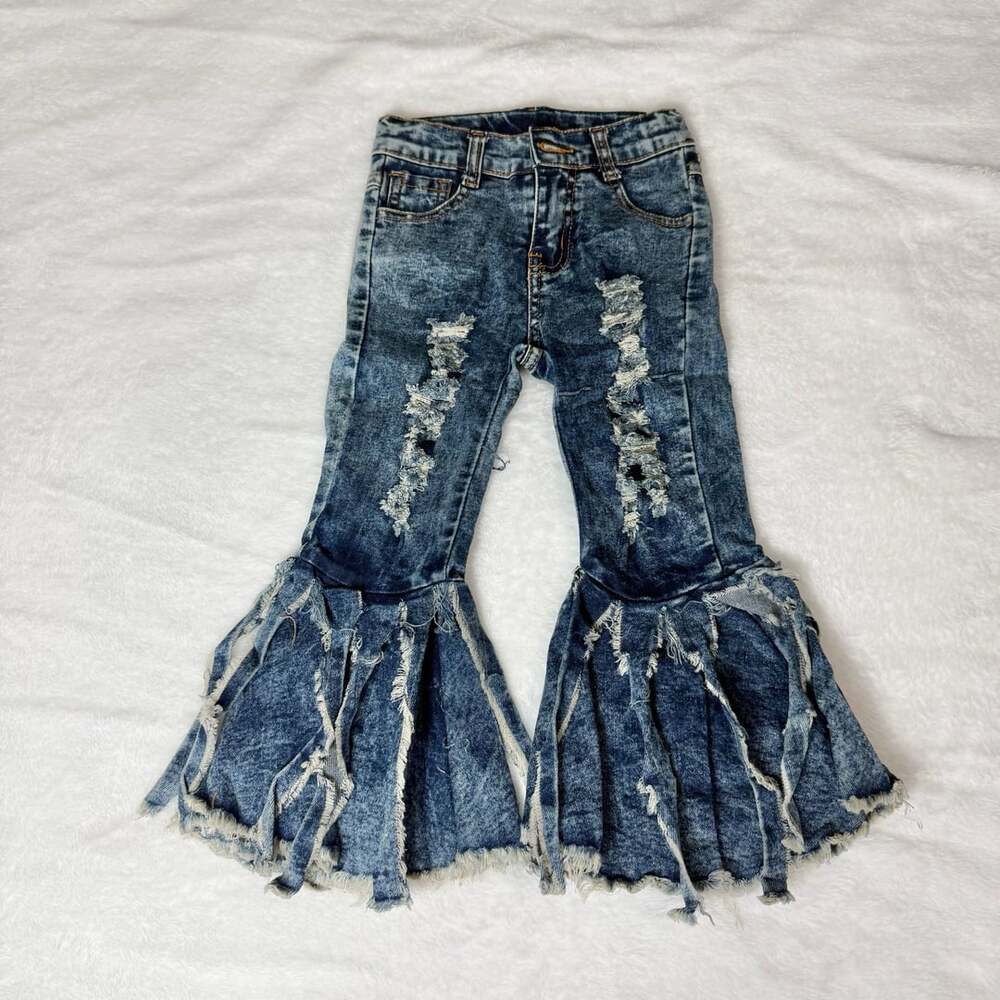 Unbranded Girls Distressed Bell Bottom Denim Pants Size S 2T Blue Ripped Frayed